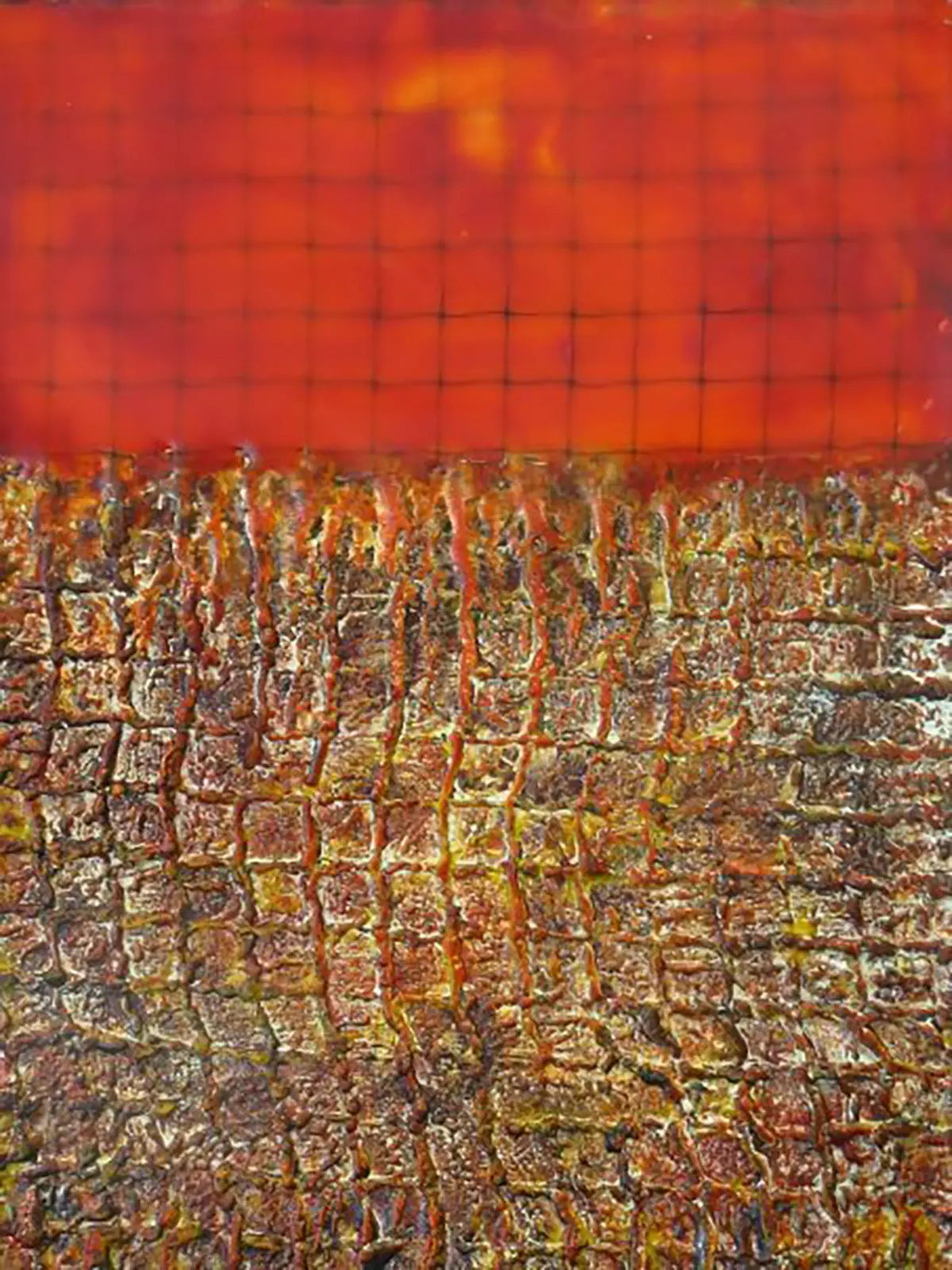 Red Grid — Encaustic on panel · 14" × 10"