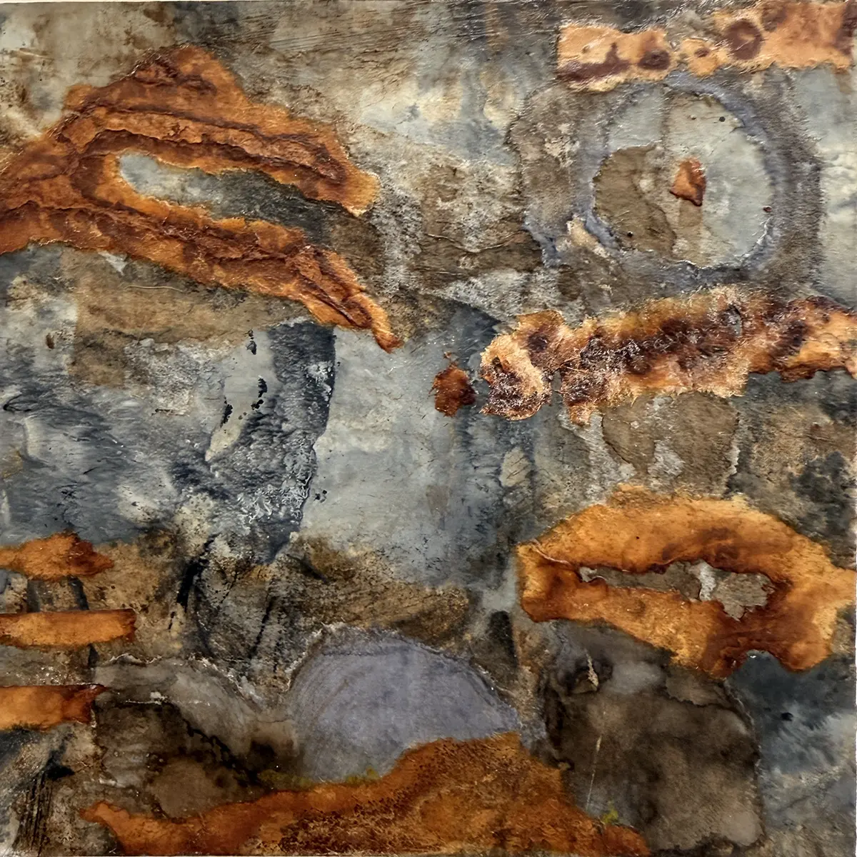 Underground 1 — Wax based collage on panel · 8" × 8"