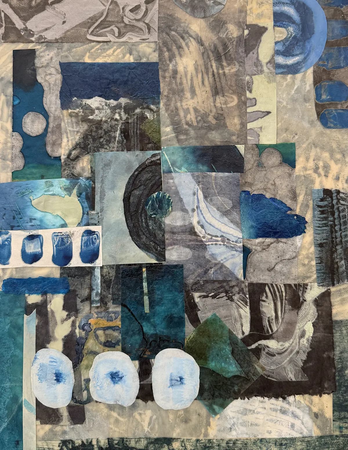 Three by The Sea — Wax based collage on panel · 18" × 14"