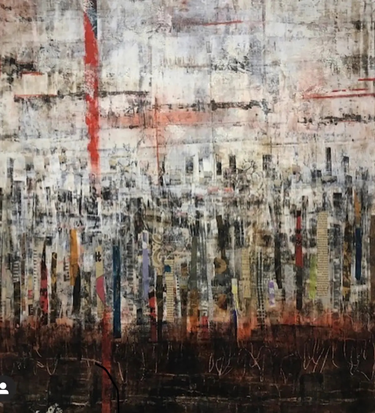 High Rise — Wax based collage on panel · 34" × 20"